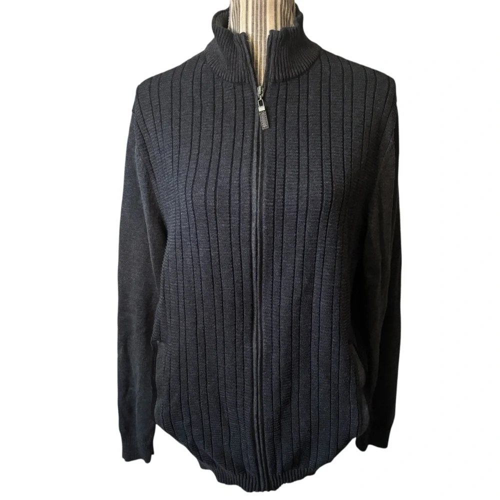Tasso Elba Zip-Up Sweater XL Charcoal Grey Ribbed Full Zip Knit Cardigan Cotton